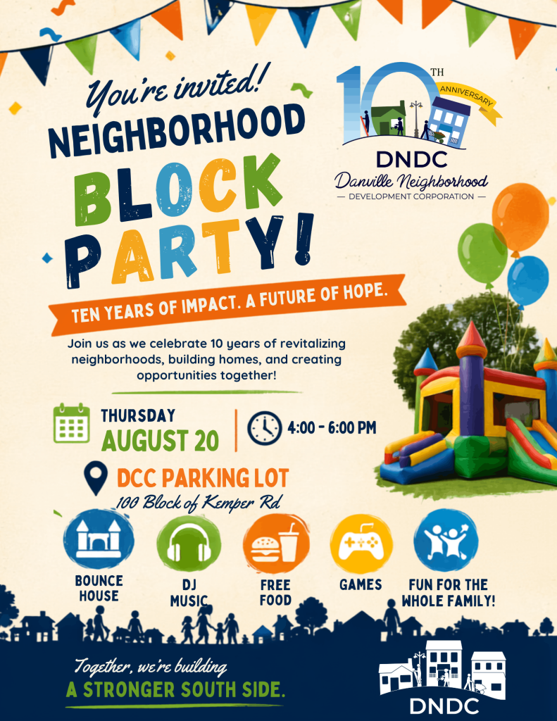 DNDC Neighborhood Block Party flyer celebrating 10 years of impact, with event details for Thursday, August 20, from 4:00–6:00 PM at the DCC parking lot on the 100 block of Kemper Road, featuring a bounce house, DJ music, free food, games, and family activities.
